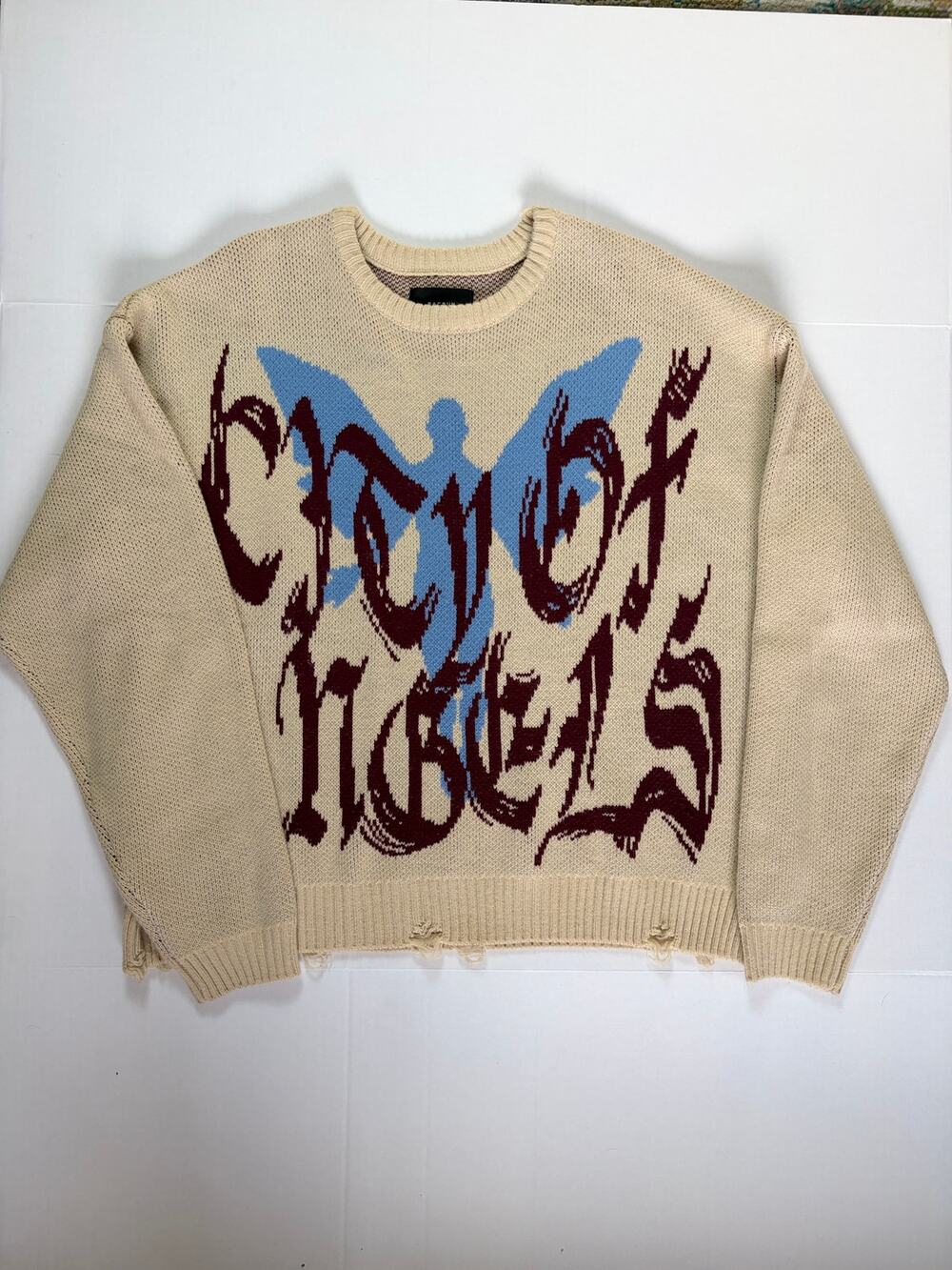 Distressed Graphic Knit Sweater Oversized PacSun Beige Grunge Y2K